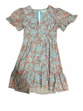 Peach Love California Aqua Floral Dress with Coral Accents